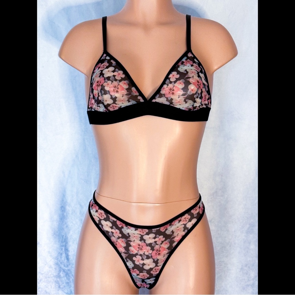 Black & Pink, Floral, Lingerie Set